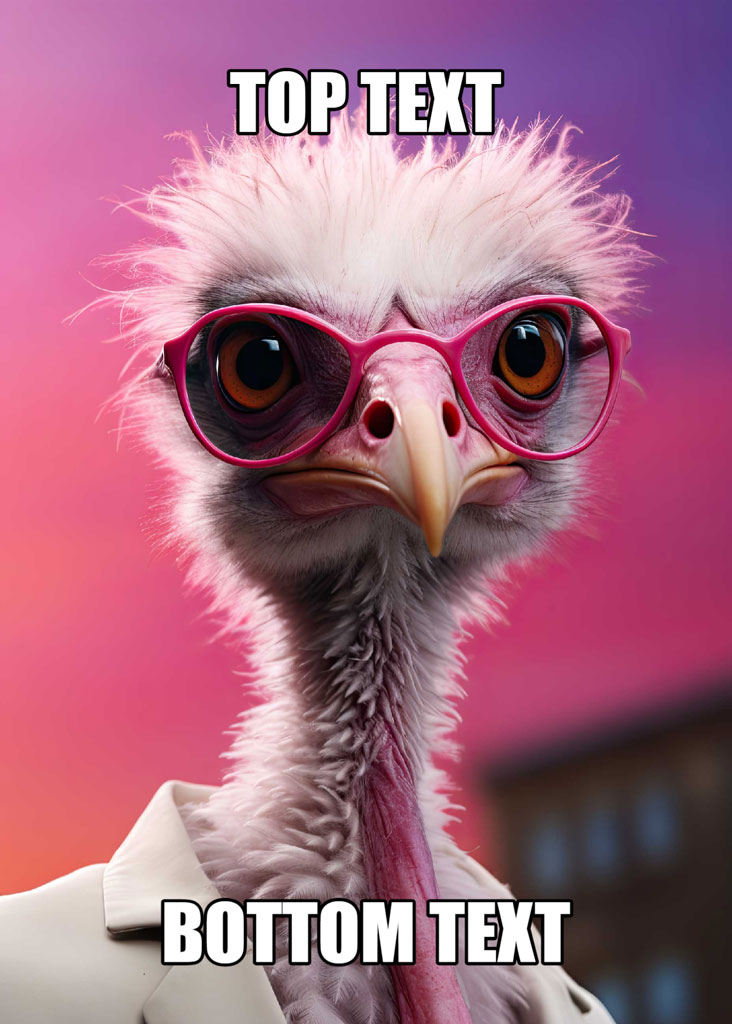 An ostrich wearing pink glasses and a white shirt against a pink and purple background with top and bottom text overlay.