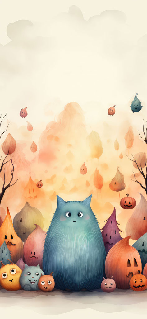 A blue monster surrounded by smaller creatures and jack-o-lanterns