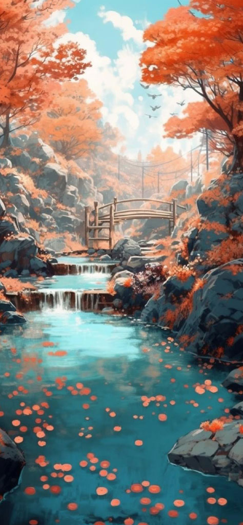 A serene digital painting of an autumn landscape with a pond, waterfall, and wooden bridge.