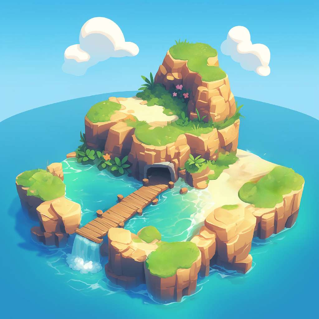 A cartoon island with a wooden bridge and a cave surrounded by blue waters and greenery.