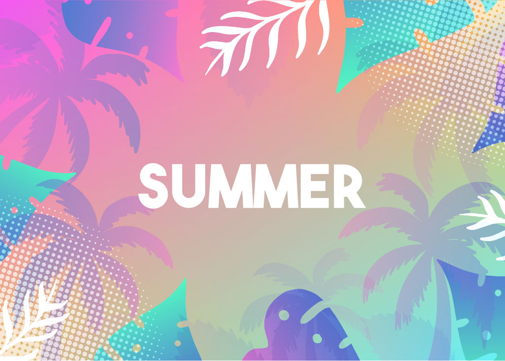 Colorful summer background with palm trees and leaves