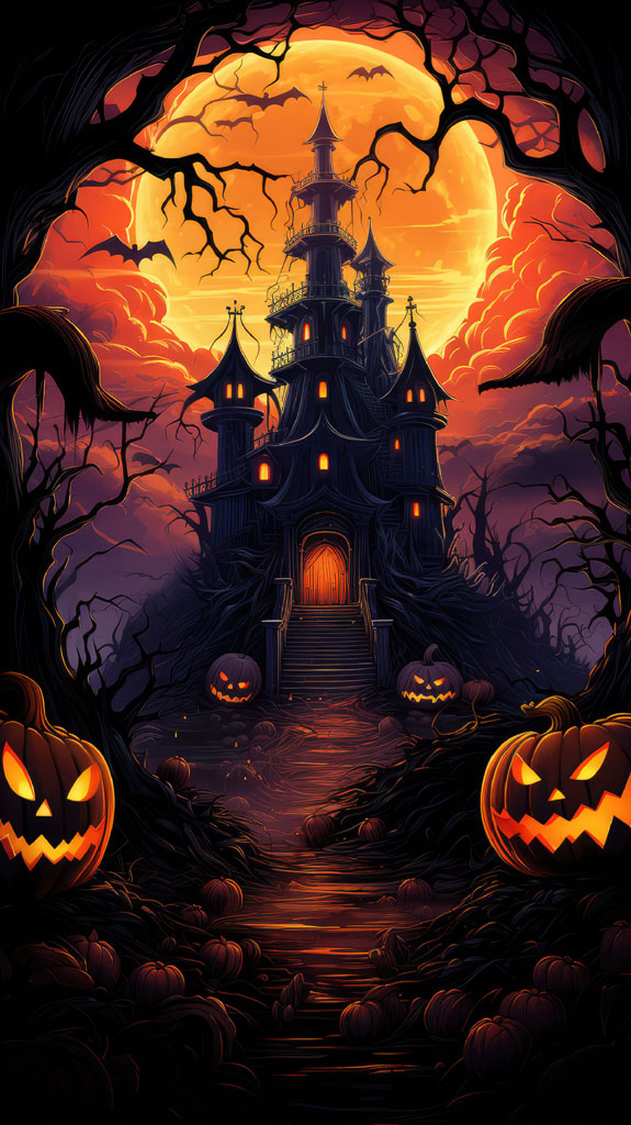 A spooky castle with lit windows and a glowing orange door, surrounded by carved pumpkins and bare trees under a full moon.