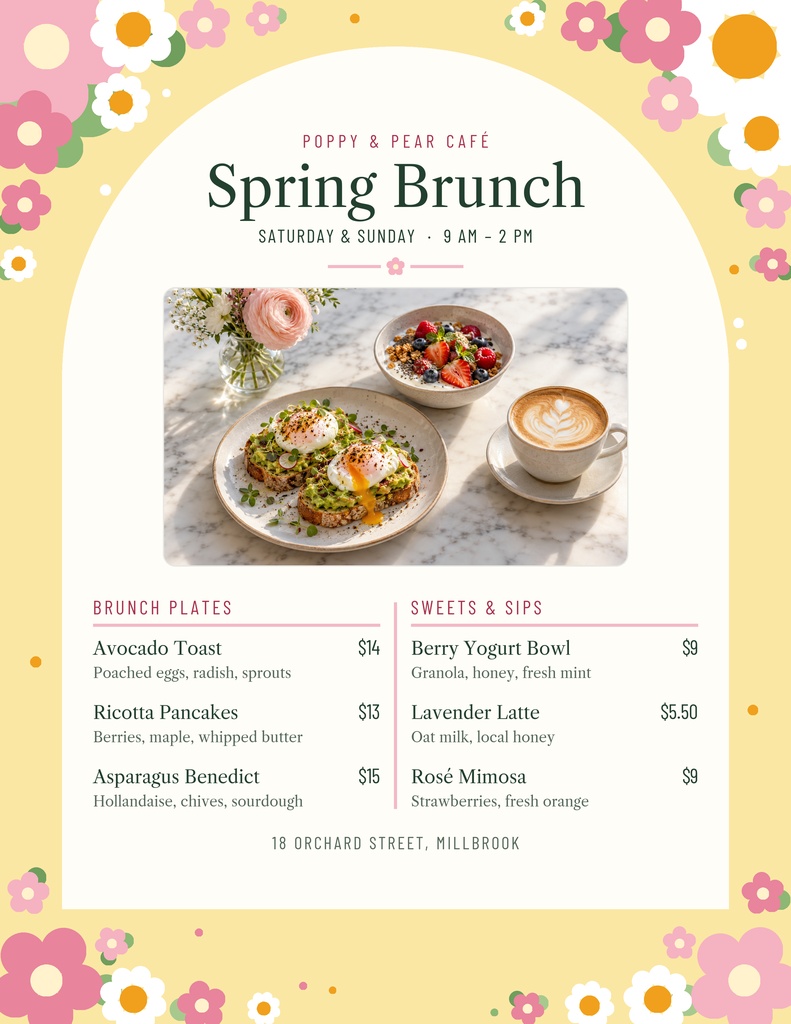 Preview for Spring Brunch Menu Letter Menu / Price List Template