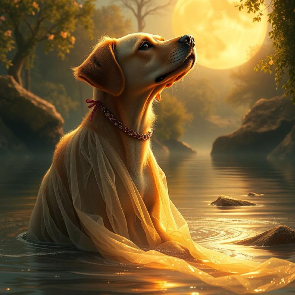 Woman in a flowing white dress sitting on a rock by a river with a full moon in the background.