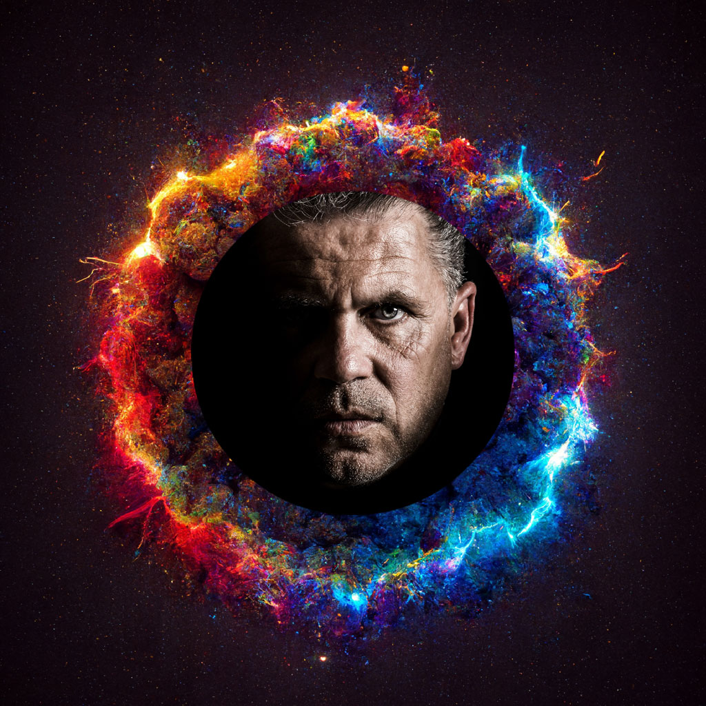 A man's face in a black circle surrounded by colorful, swirling cosmic energy.