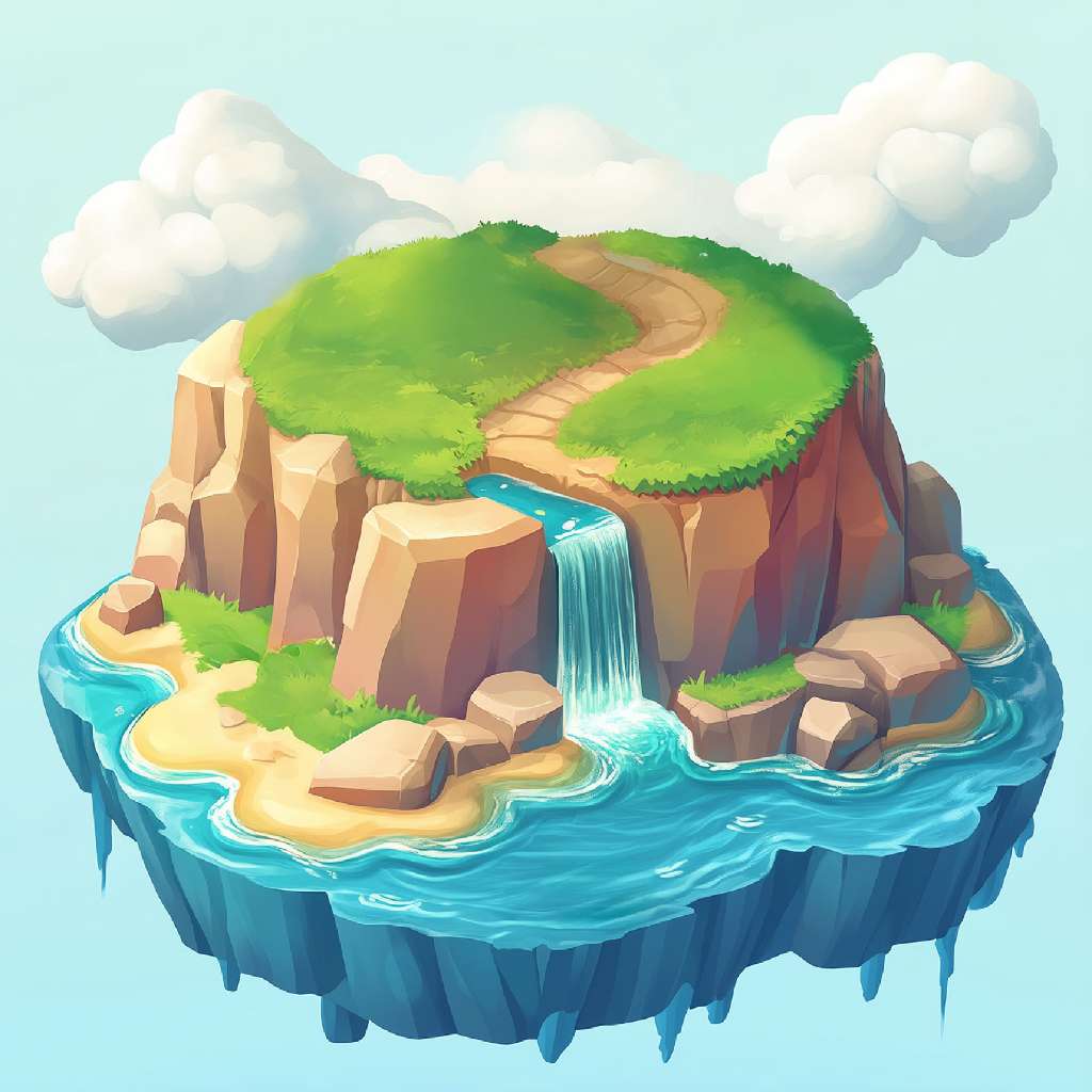 A cartoon illustration of a floating island with a waterfall and greenery.