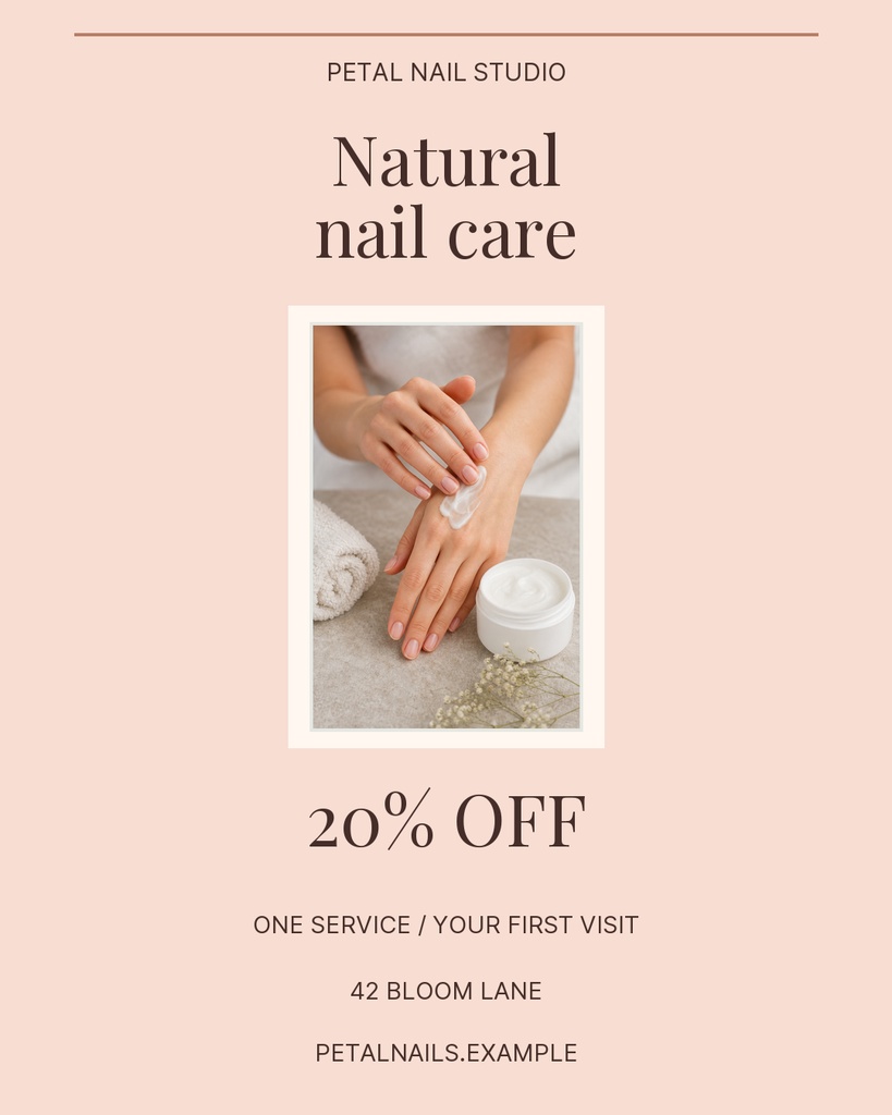 Portrait poster with hands applying lotion and text reading Natural nail care and 20% off.