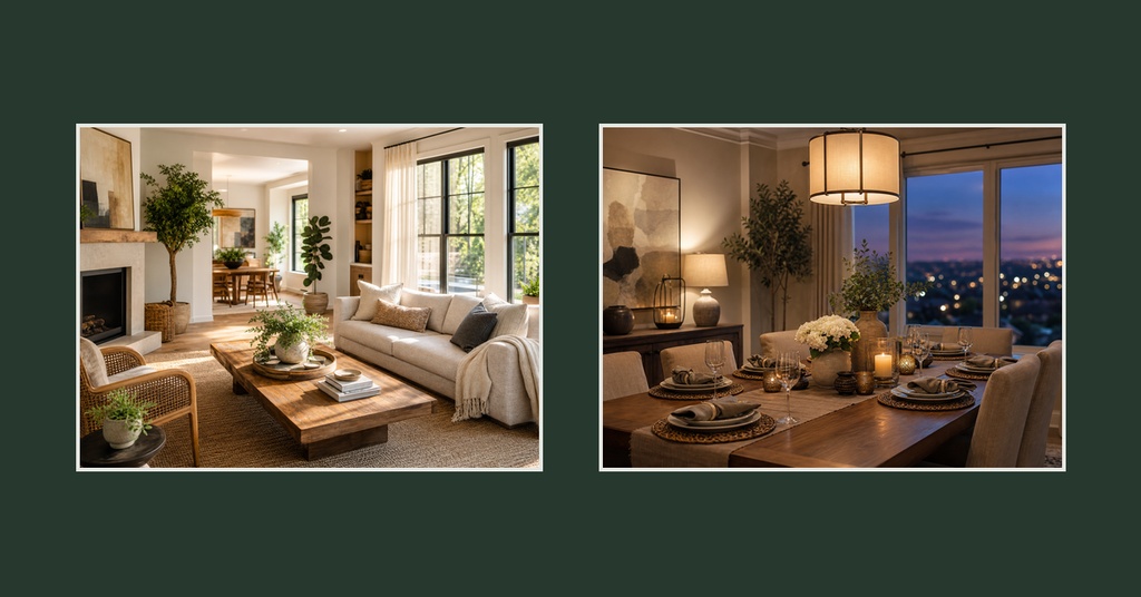 Two elegant interior living and dining room scenes shown side by side.
