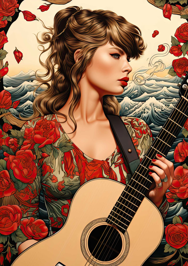 Illustration of a woman with curly hair holding a guitar, surrounded by red roses and ocean waves.