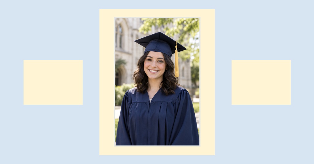 Smiling graduate in cap and gown centered on a light blue landscape cover with pale yellow side panels.