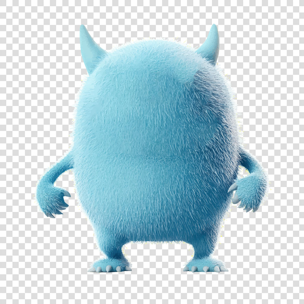 A blue, furry monster with two horns and claws on its hands and feet.