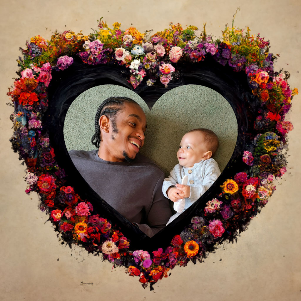 A man and baby in a heart-shaped frame surrounded by colorful flowers