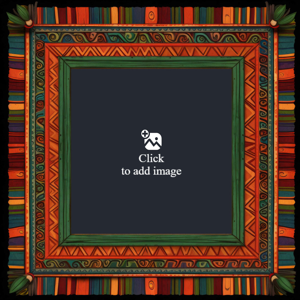 A square frame with a black center, surrounded by a multicolored border featuring various patterns.