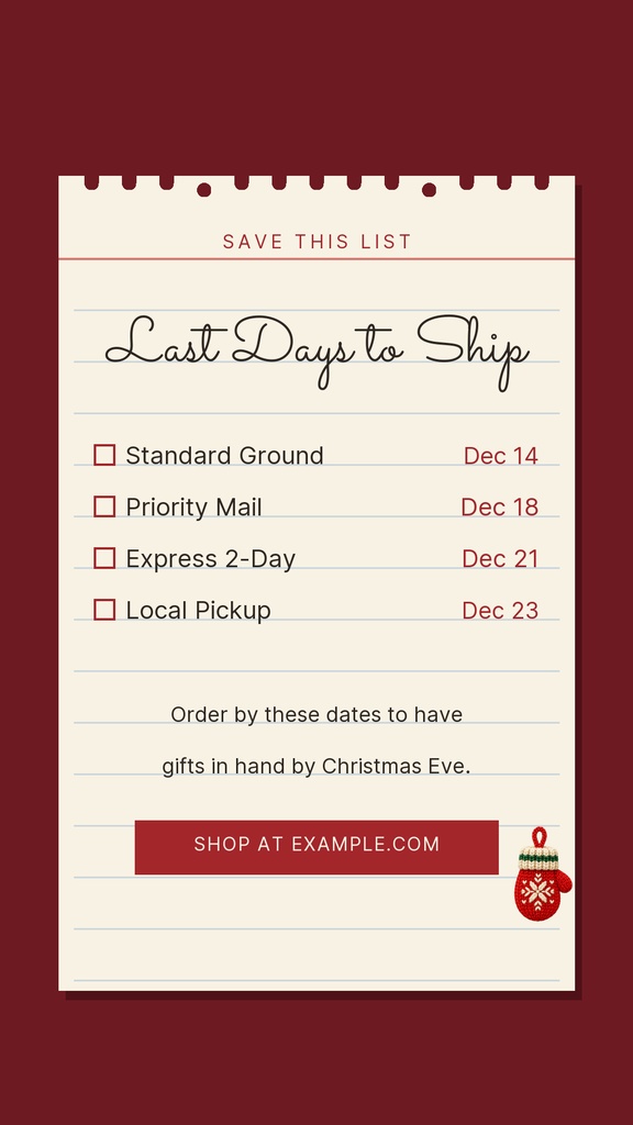 Red and cream story template showing holiday shipping deadlines and a shop call to action.