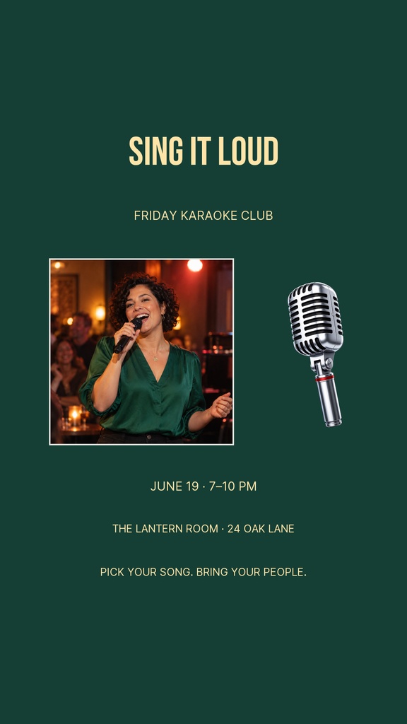 Portrait Instagram story design with Sing It Loud text, singer photo, and microphone graphic on dark green background