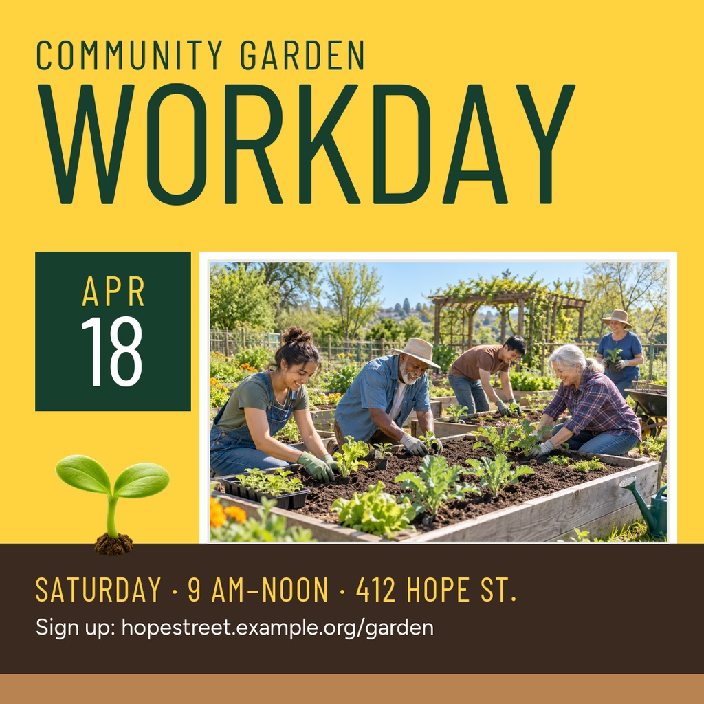 Square poster with gardeners planting seedlings in a raised bed and event details for April 18.