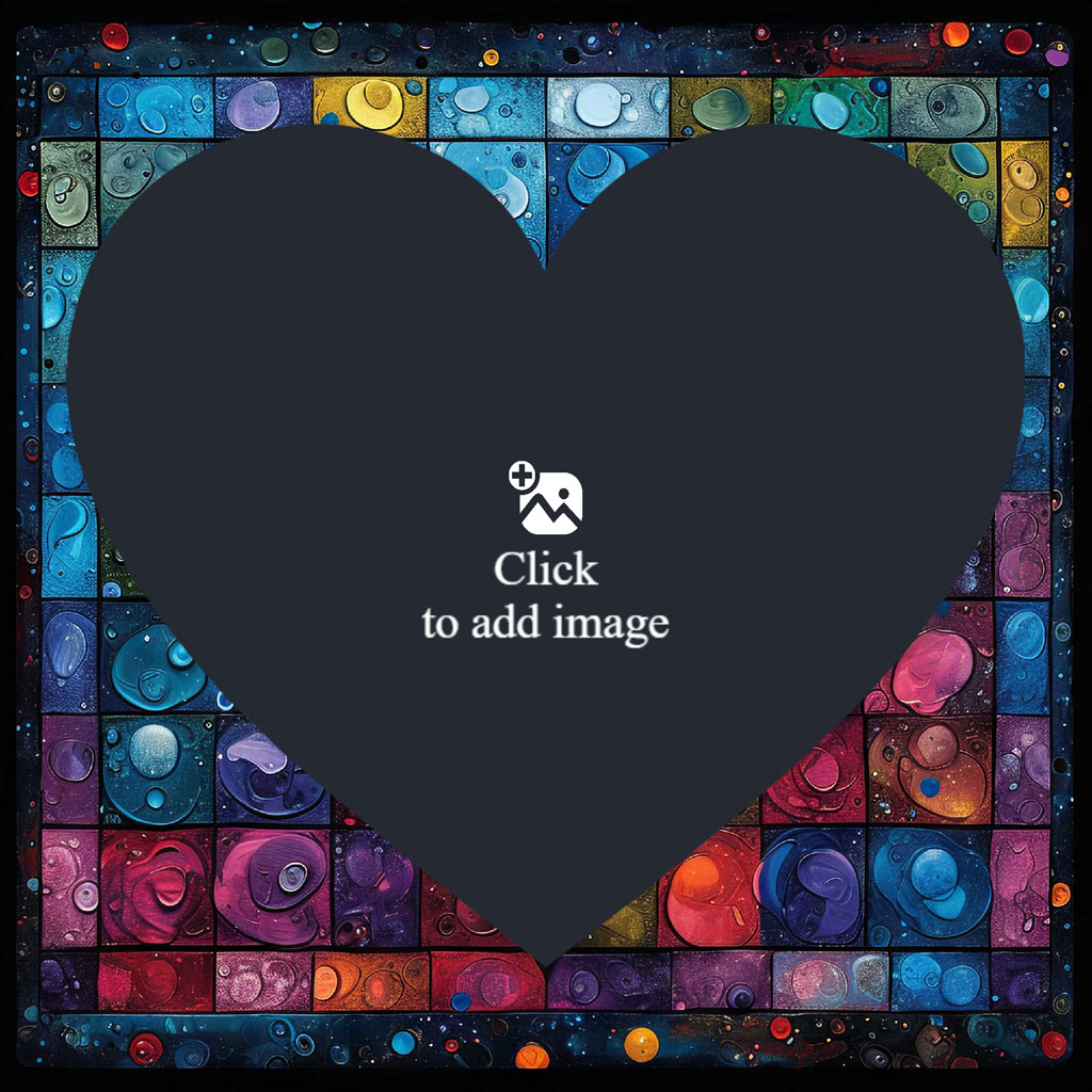 A dark heart shape centered on a vibrant mosaic background