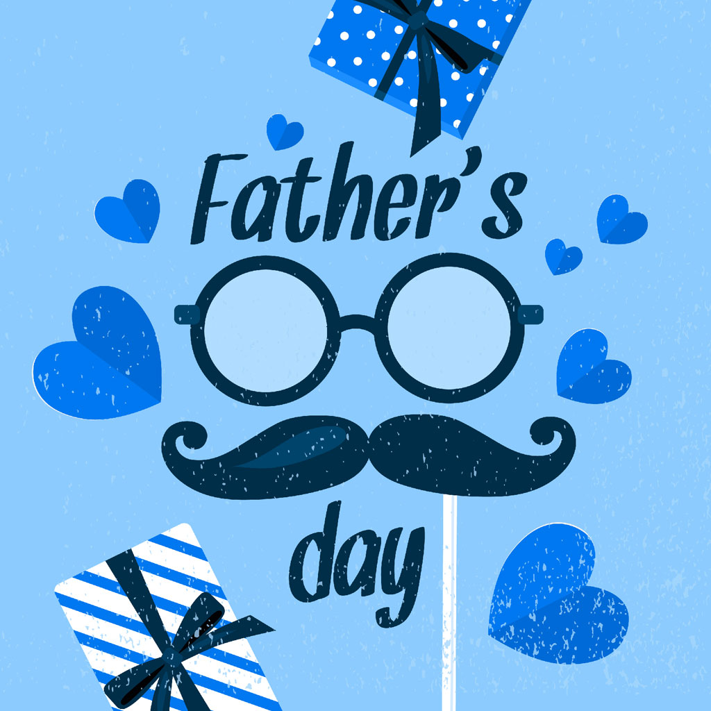 Father's Day graphic with glasses, mustache, and gift boxes