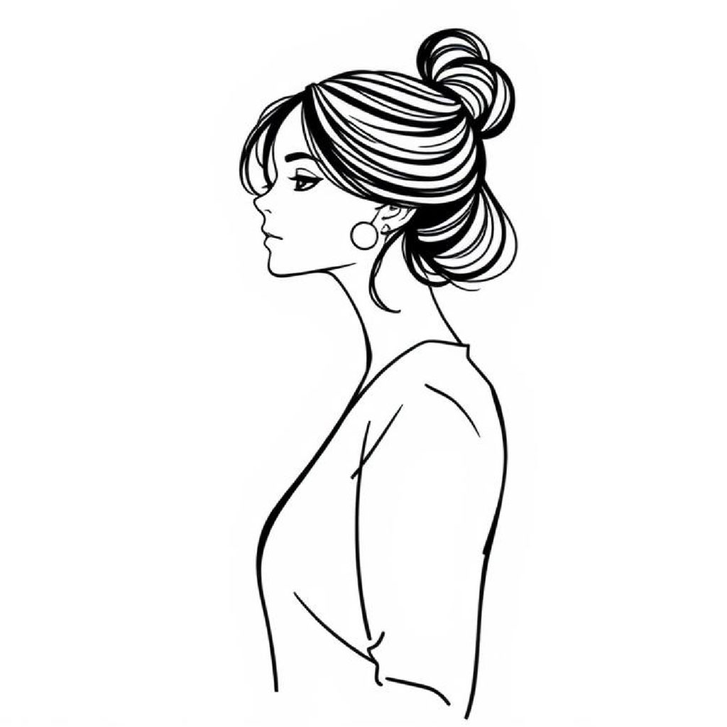 Black and white line drawing of a woman facing left with her hair in a bun.