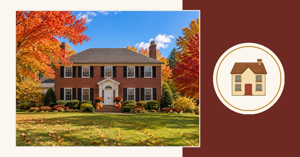 Colonial brick home with autumn trees and lawn beside a house icon on a brown background.