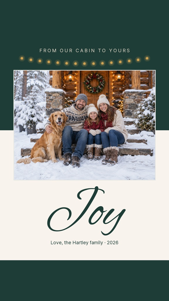 Family sitting on snowy porch with dog beside a cabin and large Joy text below