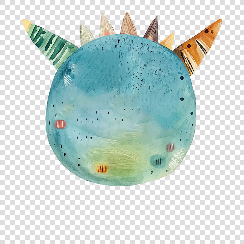 A blue and green dinosaur mask with colorful spikes
