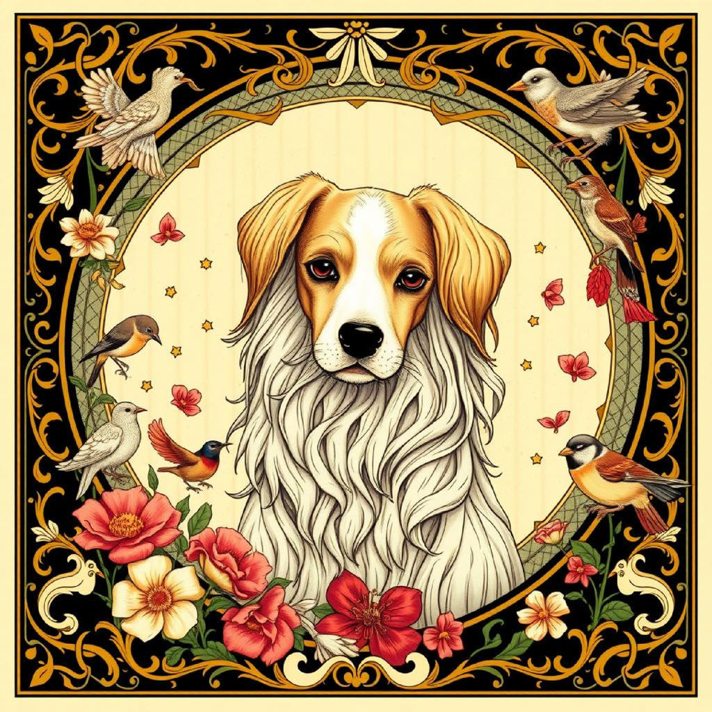 Digital artwork of a woman with long brown hair adorned with flowers, surrounded by birds and ornate border.