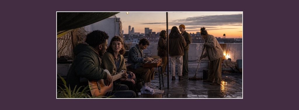 People gathered on a rooftop patio at sunset with string lights and a guitarist