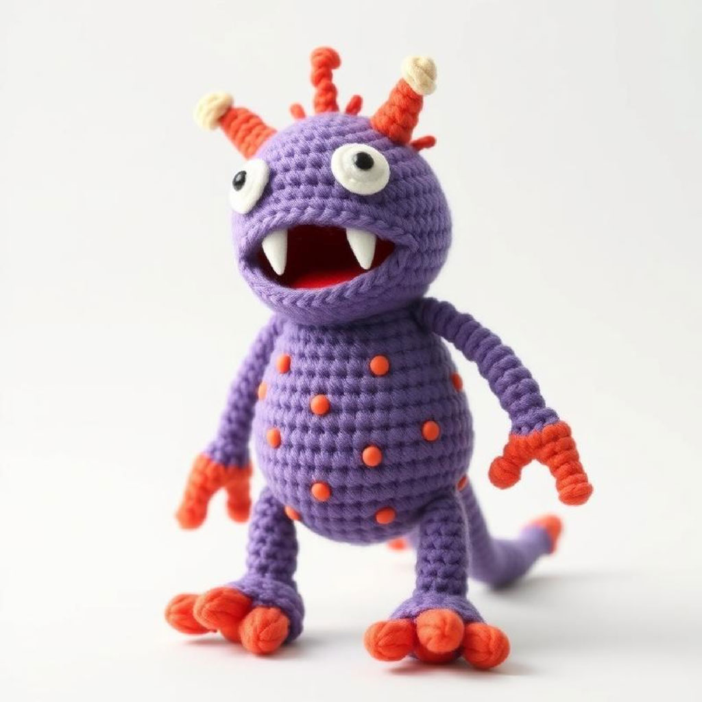 A purple crochet monster with orange spots and antennae