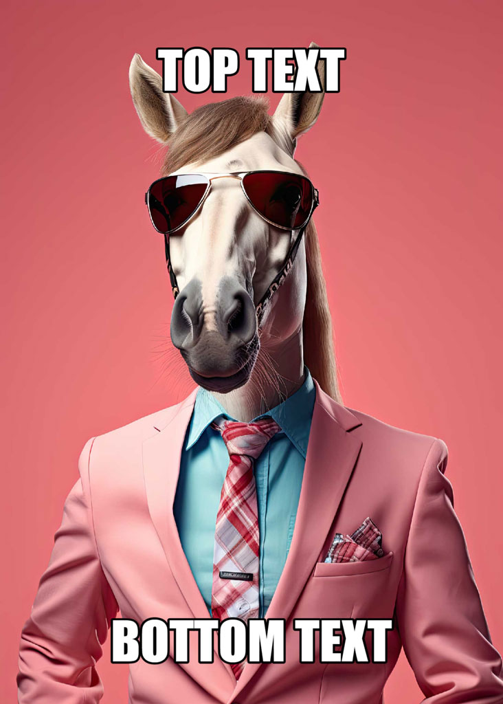 A horse wearing a pink suit, blue shirt, red plaid tie, and sunglasses against a pink background.