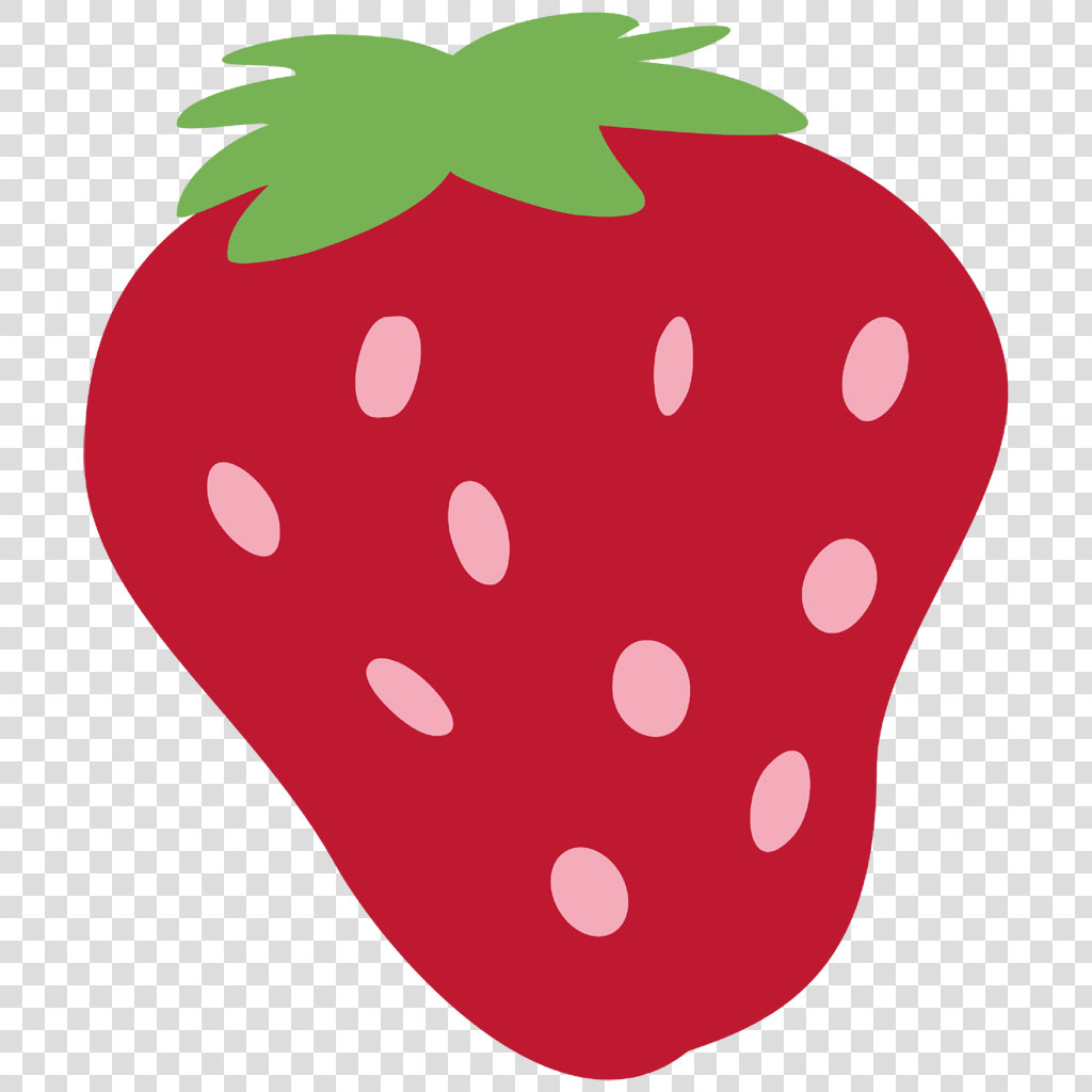 A cartoon strawberry with green leaves and pink seeds on a white background