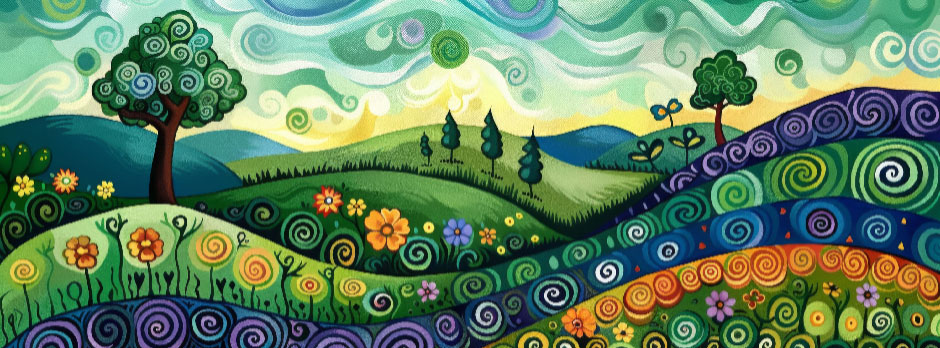 A colorful landscape with rolling hills and flowers