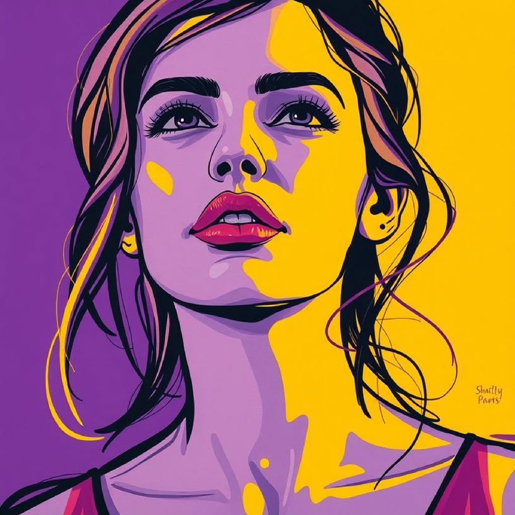 A woman's face in a pop art style with purple and yellow hues
