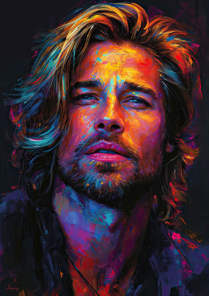 A digital painting of a man with long, flowing hair and a beard, rendered in a vibrant, multicolored style.