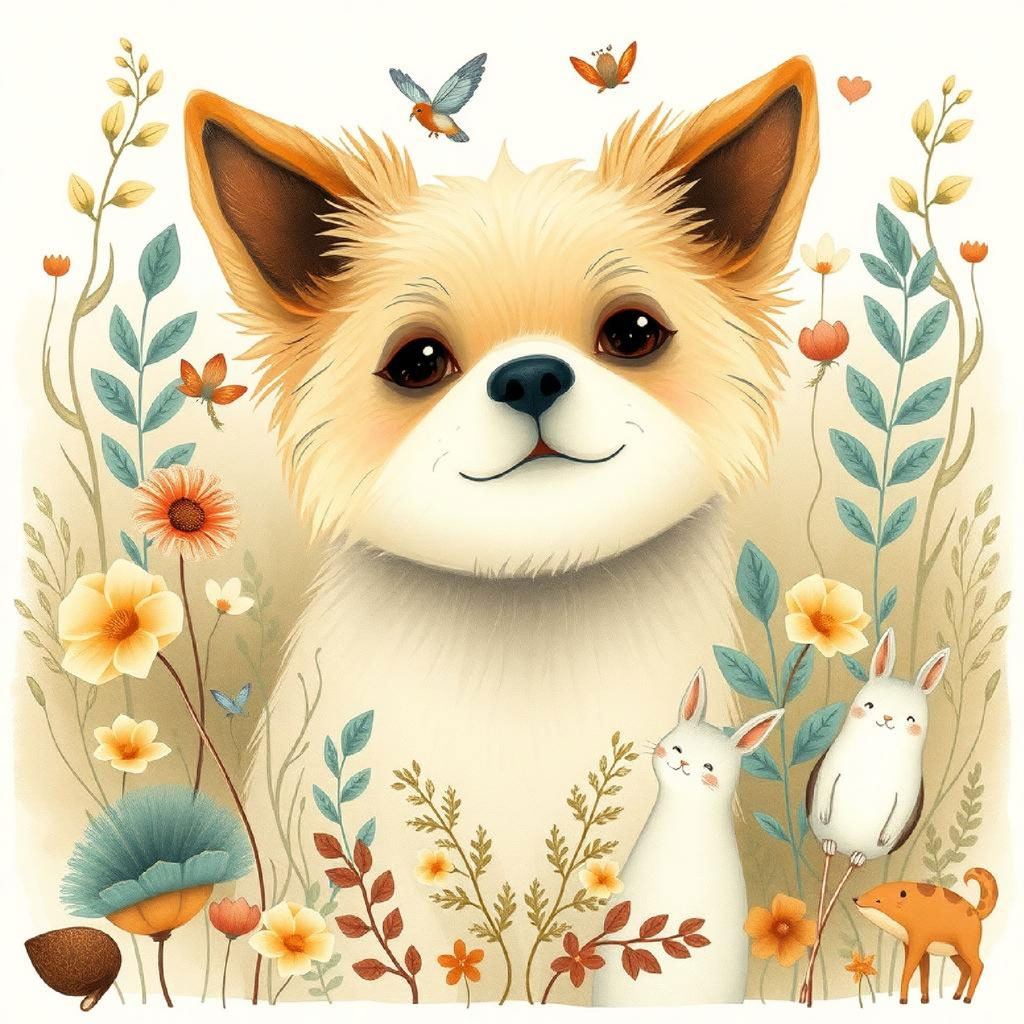 Illustration of a fairy in a floral dress with deer and a squirrel