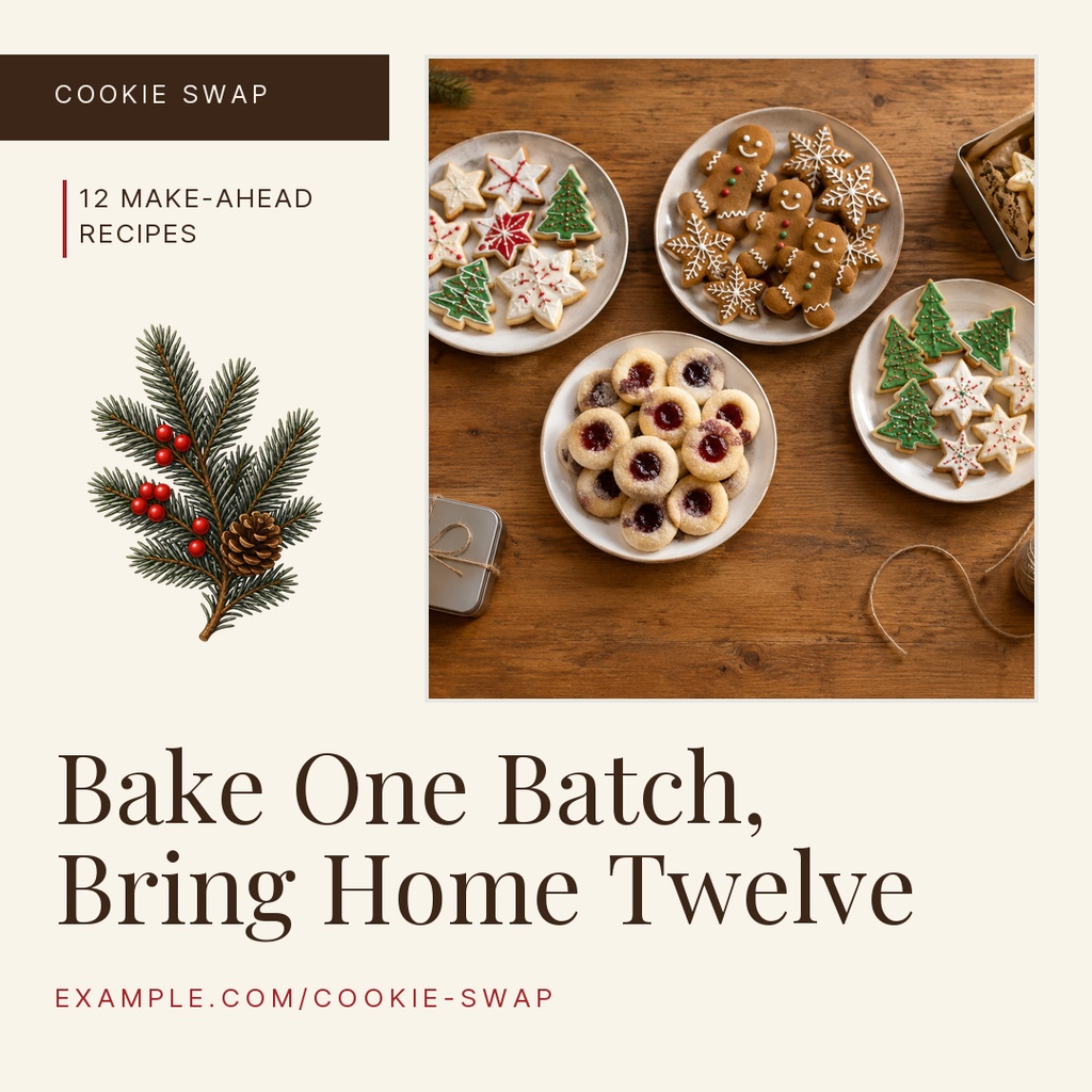 Square post with holiday cookies on a wooden table and text for a cookie swap recipe.