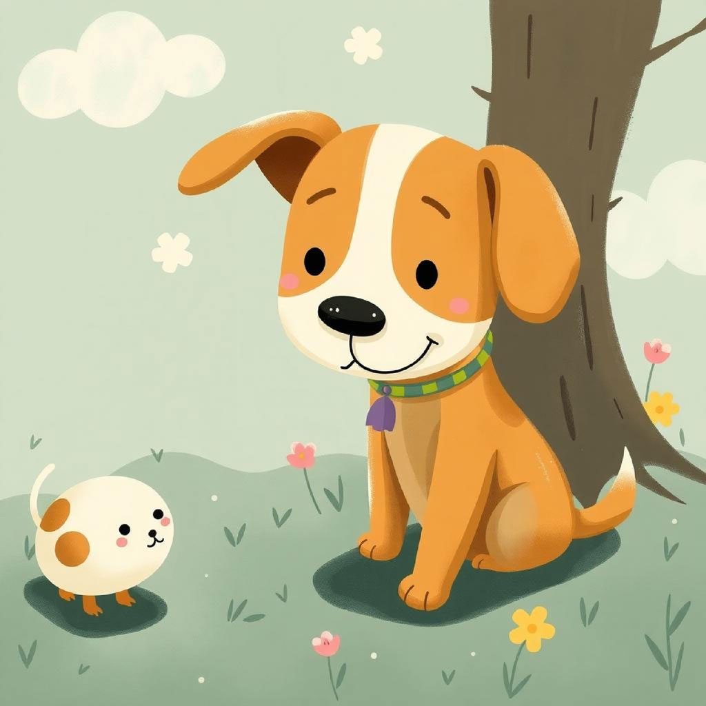 Cartoon dog and chick in a peaceful outdoor setting