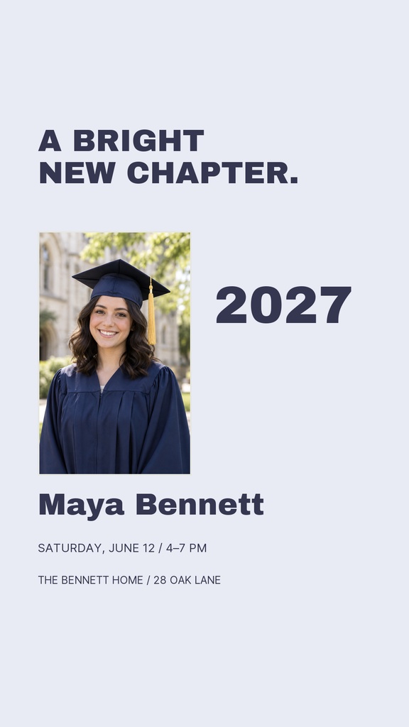 Instagram story template with a graduate portrait, 2027 text, and bold headline A Bright New Chapter.