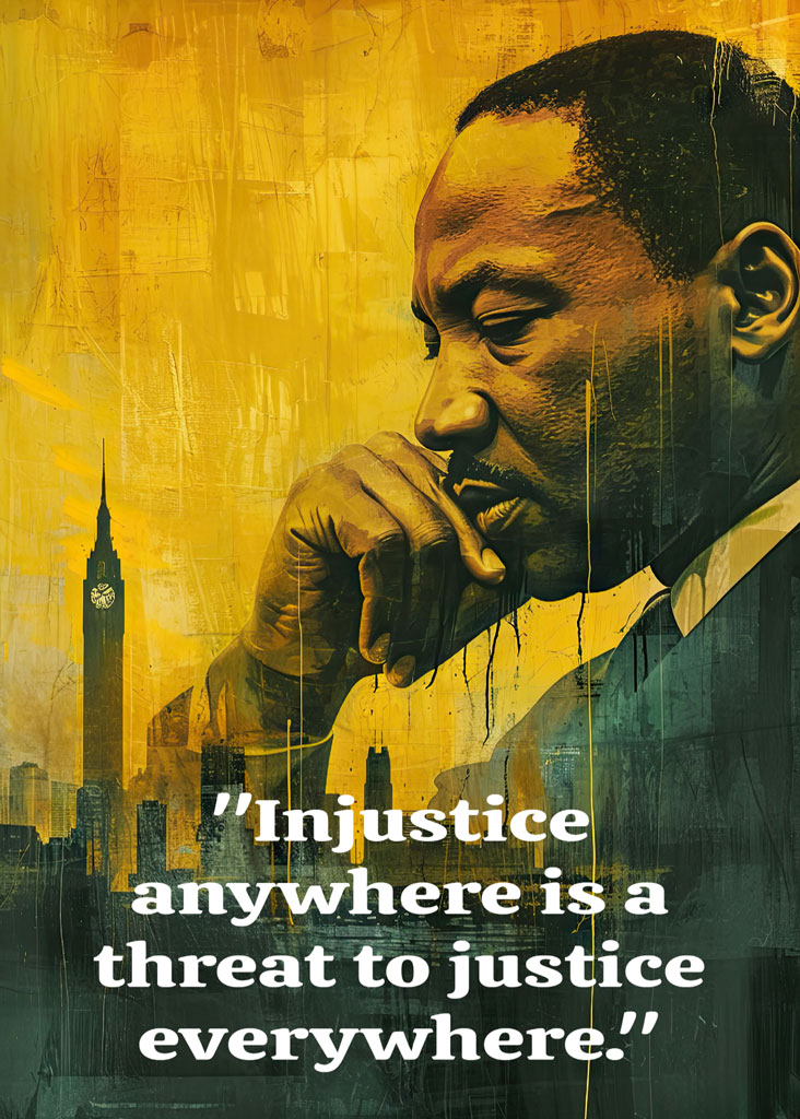 Martin Luther King Jr. with a contemplative expression, with the quote 'Injustice anywhere is a threat to justice everywhere.'