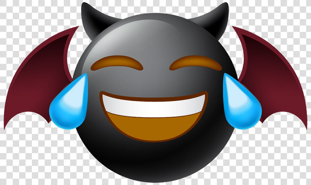 A gray devil face with a wide smile and blue tears, set against a black background with red wings.