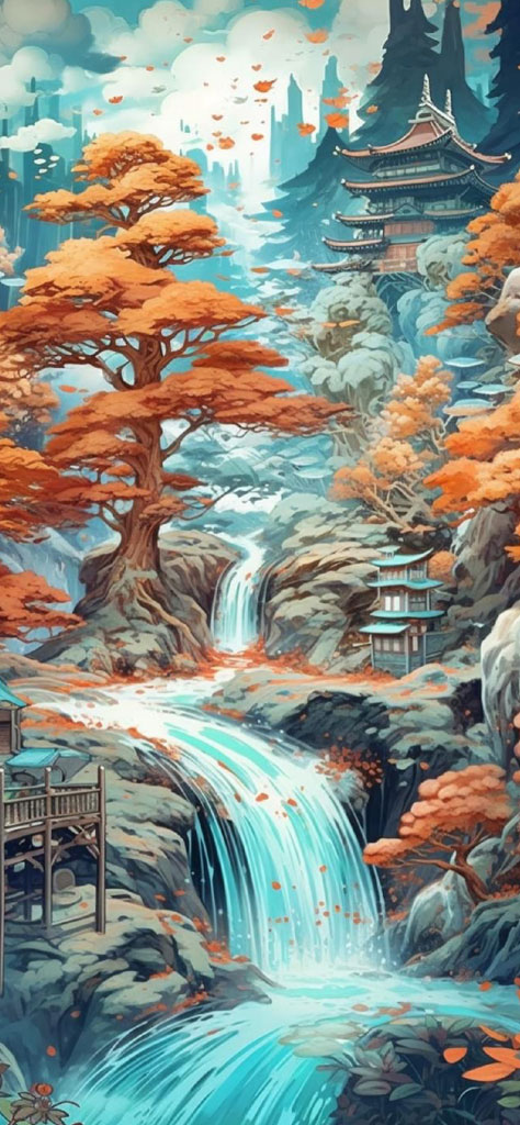 A serene Japanese landscape with a waterfall, pagodas, and orange trees