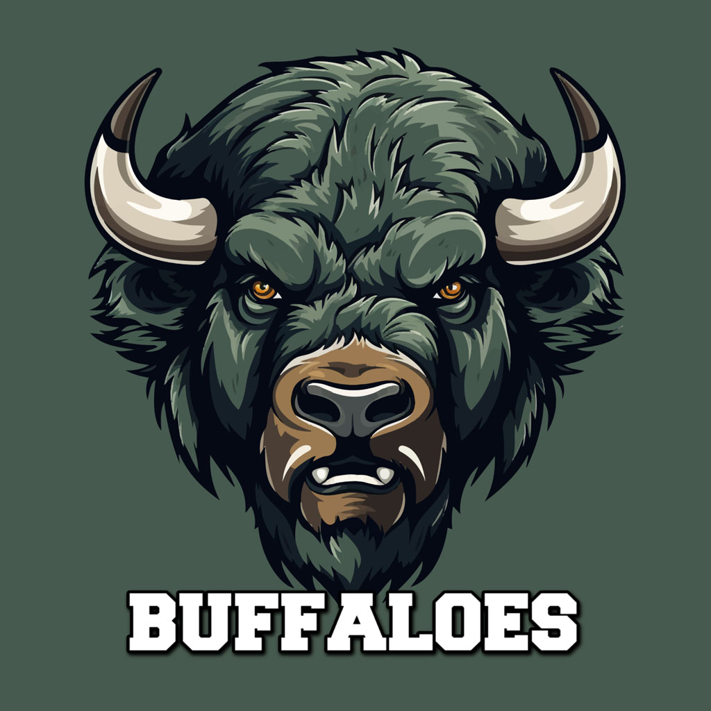 Illustration of a buffalo's head with the word 'BUFFALOES' below it.
