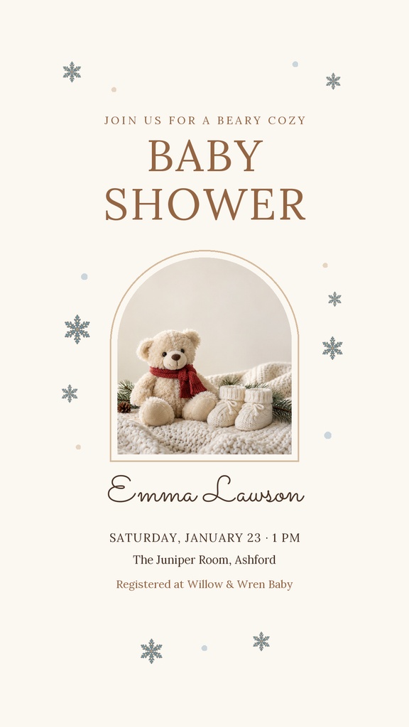 Cream portrait baby shower story opener with teddy bear, snowflake accents, and beige typography