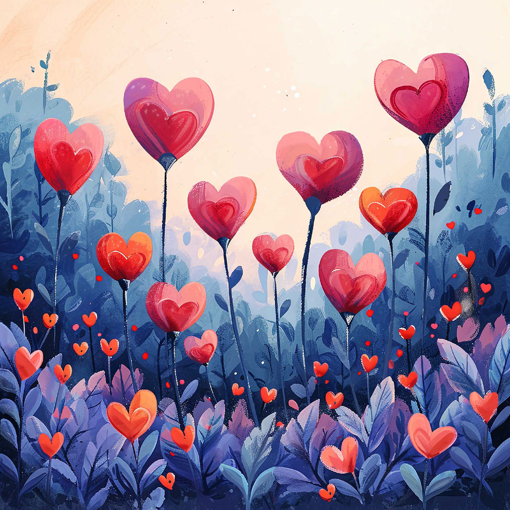 A digital illustration of a garden with heart-shaped flowers and leaves