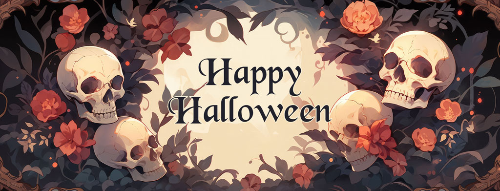 Halloween greeting with skulls and flowers