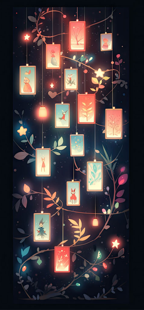 Whimsical night sky illustration with hanging lanterns and frames