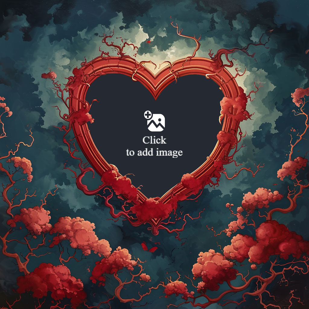 A red heart-shaped frame with clouds and veins against a dark blue background.