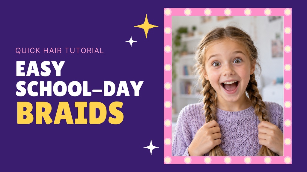 Smiling girl with braided hair beside bold text reading easy school-day braids on a purple background.