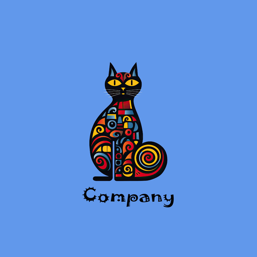Stylized cat with multicolored patterns on a blue background
