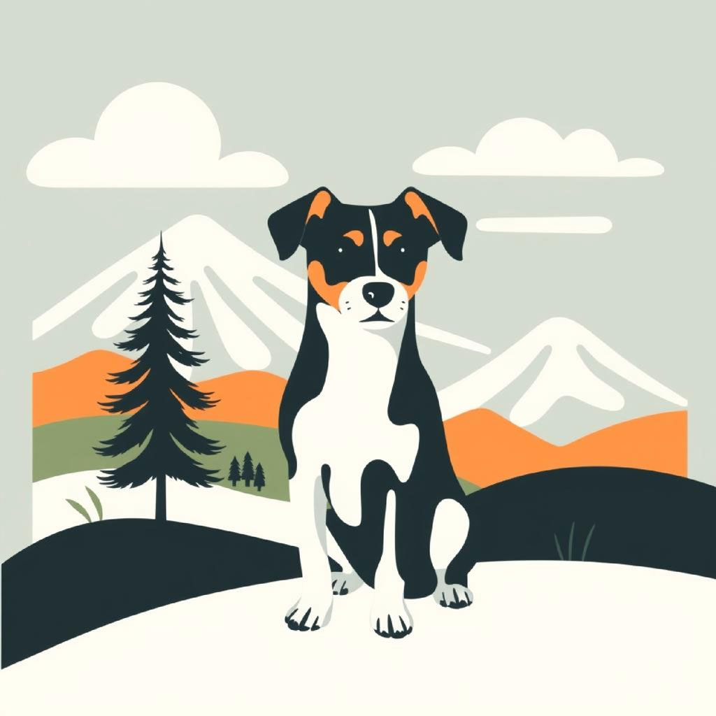 Illustration of a peaceful landscape with mountains and a body of water